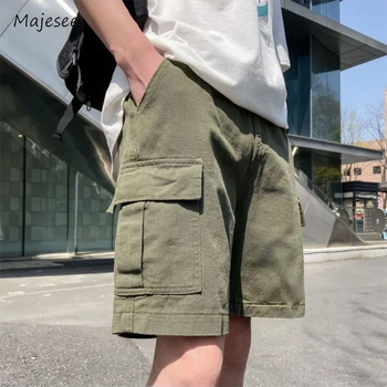 Шорты-карго Мужские Модные однотонные, популярные летние, с большим карманом, свободные, длиной до колен, в японском стиле, для подростков, универсальные на каждый день для молодежи