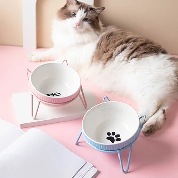 Новая керамическая приподнятая миска для кошек с металлической подставкой Конструкция наклона для кормления щенков, миски для хранения еды, миски для собак, защищающие позвоночник, Аксессуары