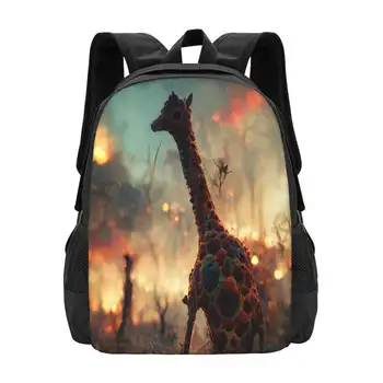 Жираф, спасающийся от катаклизма. Шаблон дизайна школьных сумок для ноутбука 3D-рендеринг апокалипсиса, апокалиптический пейзаж