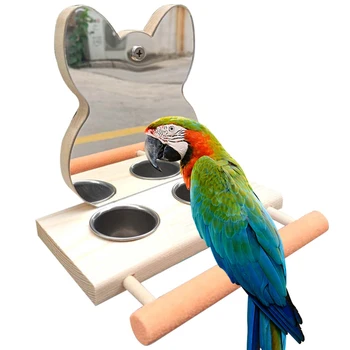 Зеркальная игрушка-попугай с деревянными чашками для кормления из нержавеющей стали, деревянные рамки для птиц С насестом в клетке для африканских Серых попугаев Ара