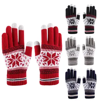 Креативные перчатки с принтом снежинок, Вязаные перчатки с сенсорным экраном для мобильного телефона, Зимние толстые и теплые Перчатки для взрослых, мужские Женские