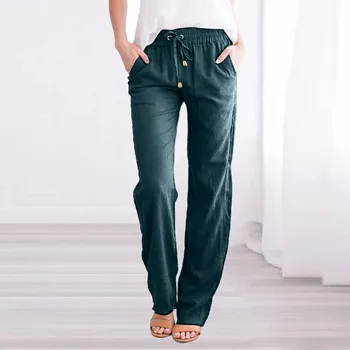 2024 Повседневные эластичные брюки, женские однотонные хлопковые и льняные Свободные длинные брюки с завязками