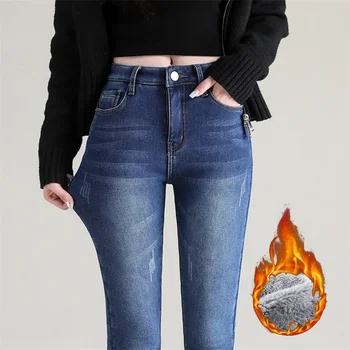 Зимние утепленные брюки, женские термоджинсы, модные эластичные обтягивающие флисовые джинсы с высокой талией, женские повседневные Теплые джинсовые брюки-карандаш