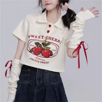 Японский милый укороченный топ, футболки с вишневым принтом, нарукавник Kawaii, Женские универсальные свободные футболки Y2k Aesthetic, рубашки Harajuku